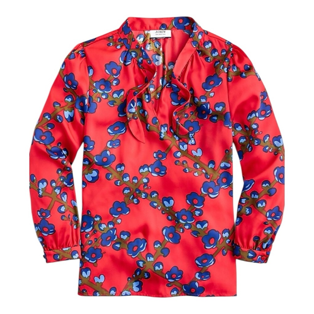 J. Crew Collection Tie-neck top in lattice floral red and blue small AW676 EUC